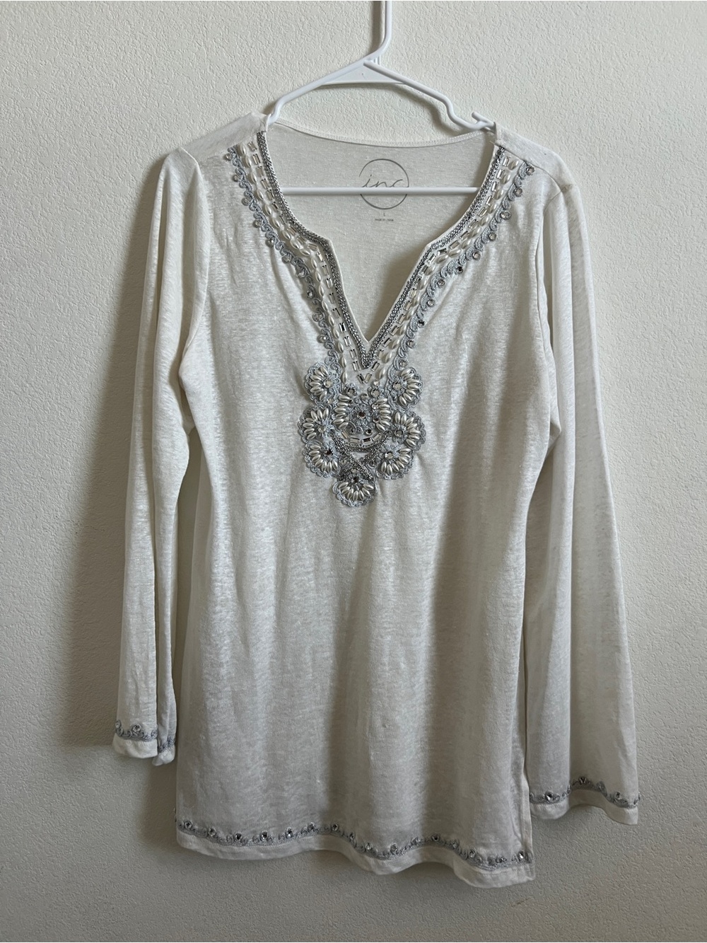 INC International Concepts 100% Linen Cream V-Neck Embellished Tunic Sz L